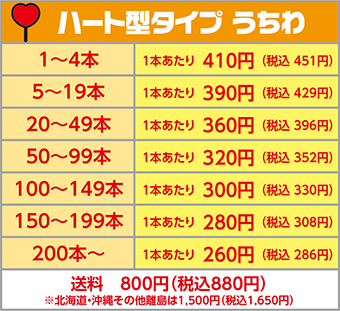 1〜4本　1本あたり&nbsp; 410円 5〜19本　1本あたり&nbsp; 390円 20〜49本　1本あたり&nbsp; 360円 50〜99本　1本あたり&nbsp; 320円 100〜149本　1本あたり&nbsp; 300円 150〜199本　1本あたり&nbsp; 280円 200本〜　1本あたり&nbsp; 260円 送料800円